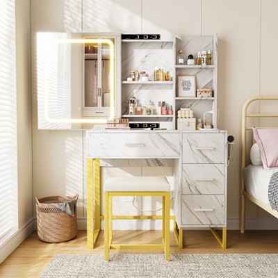 Vanity Desk with Mirror and Lights, Power Outlets, Vanity Desk with Sliding LED Lighted Mirror