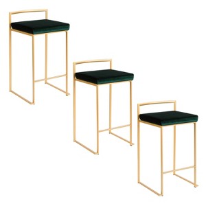 LumiSource Set of 3 Fuji Stacker Counter Height Barstools Gold/Emerald Green Velvet - 1 of 4