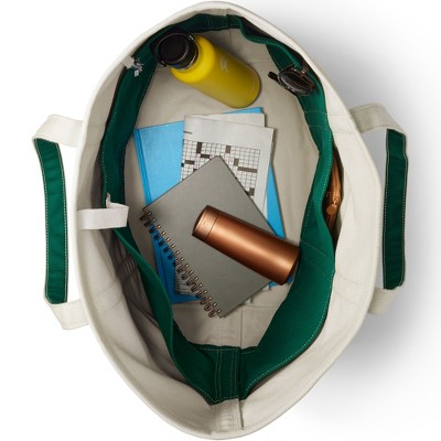 Extra Large Ivory and Green Canvas Shoulder Bag with Side Pockets