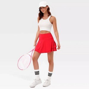 Womens Tennis Skirts Athletic Skirts Sports Ruffled Skorts with Bulit in Shorts Waist Back Zip Pockets,Red - 2XL - 1 of 4