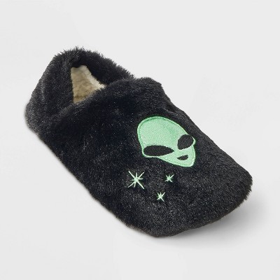 Women's Alien Glitter Embroidered Halloween Faux Fur Slipper Socks with Grippers - Hyde and EEK Boutique™ Black/Green