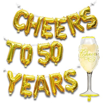 Blue Panda "Cheers to 50 Years" Gold Letters and Champagne Glass Balloons for Birthday Party Decorations