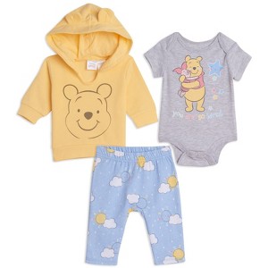 Disney Classics Winnie the Pooh Mickey Mouse Minnie Mouse Hoodie Bodysuit and Pants 3 Piece Outfit Set Newborn to Infant - 1 of 4