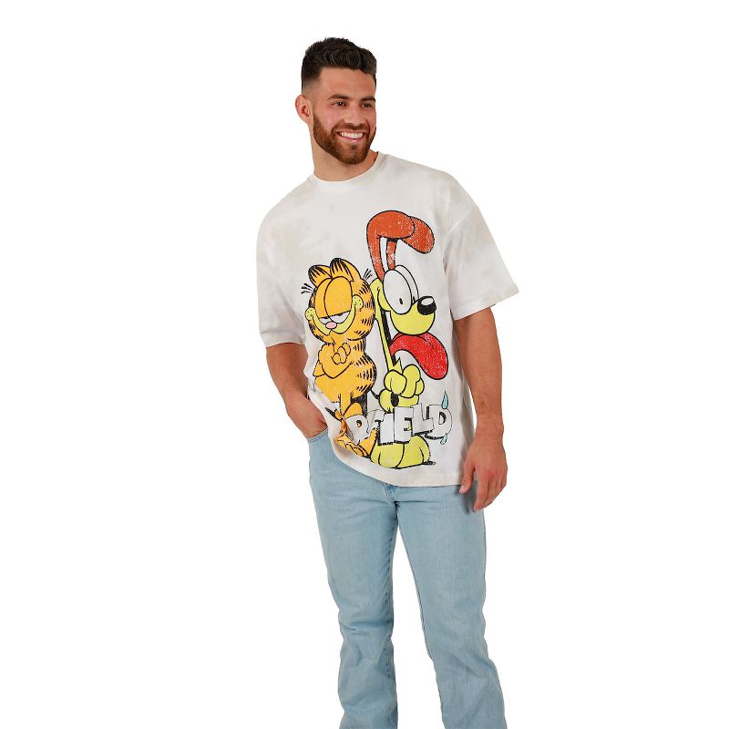Garfield Odie & Garfield Logo Crew Neck Short Sleeve Oversized Drop Shoulder White & Brown Wash Men's T-shirt, 3 of 5