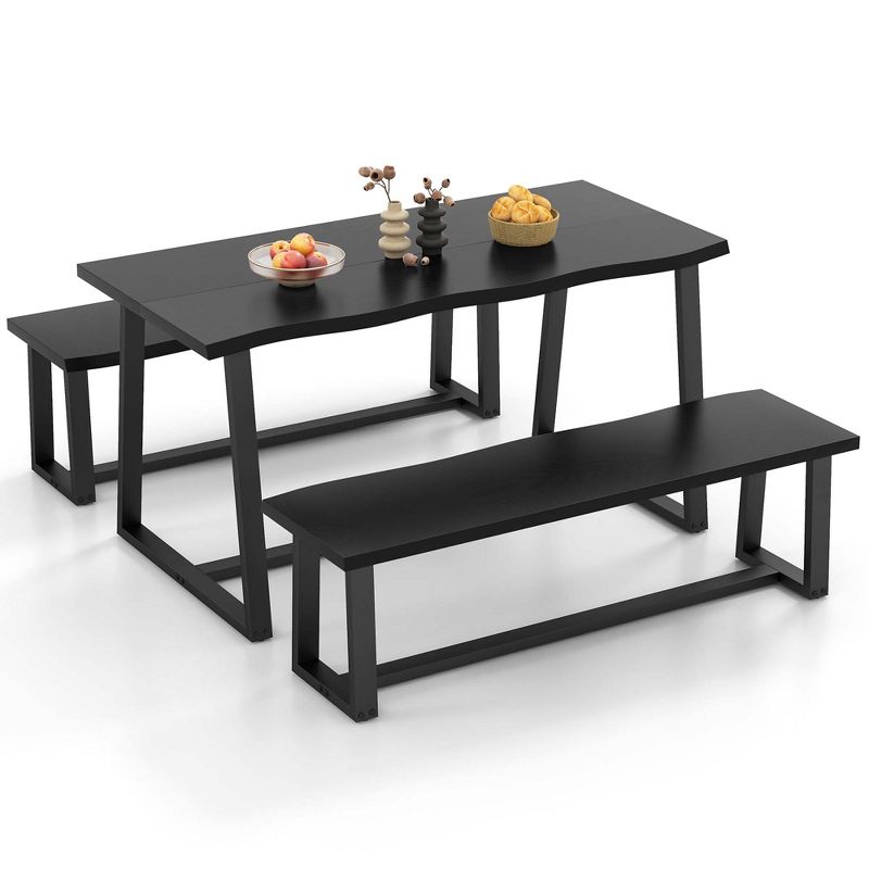 Costway 3 Pieces Dining Table Set 63" Large Table and 2 Long Benches for 4-6 People Black/Coffee, 2 of 9