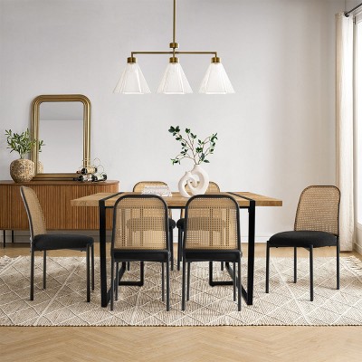 7-Piece Dining Table Set with Rattan Back Chairs, Modern Rectangular Wood Dining Table and 6 Upholstered Chairs- Maison Boucle