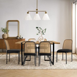 7-Piece Dining Table Set with Rattan Back Chairs, Modern Rectangular Wood Dining Table and 6 Upholstered Chairs- Maison Boucle - 1 of 4