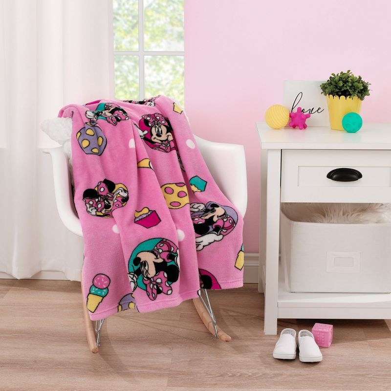Disney Minnie Mouse Let's Party Pink, Lavender, and Yellow Balloons, Ice-cream Cones, Cupcakes, and Confetti Super Soft Toddler Blanket, 3 of 6