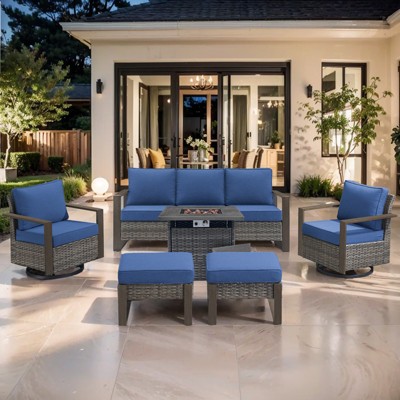 Buenhomino 6 Piece Patio Furniture Set with Fire Pit Table, Outdoor Sectional Conversation Sets Wicker Rattan Sofa with 4'' Thickened Cushion