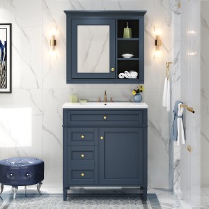 Lyngins Modern Freestanding Vanity with Ceramic Basin, Bathroom Storage Cabinet with 2 Drawers & Tip-out Drawer, Single Sink Bathroom Vanity - 1 of 4