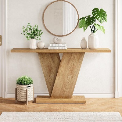 Hommoo Farmhouse Console Table with V-Shaped Pedestal Brown