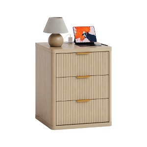 Fluted Nightstand w/ Charging Station, Mid Century Modern Bedside Table with Drawers & Open Shelf - 1 of 4