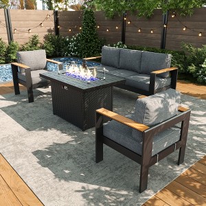 LayinSun 4 Pieces Aluminum Outdoor Patio Furniture Set with Fire Pit Table, Outside Metal Patio Conversation Sets with Deep Seating and Thick Cushions - 1 of 4