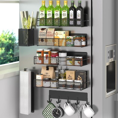Attop 7-Pack Metal Strong Magnetic Shelves, Spice Storage Rack with Hooks, Paper Towel Holder, Cutlery Storage Box, Kitchen Home Storage Rack (Black)