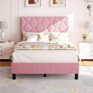 Grey/Beige/Pink Upholstered Platform Bed Frame with Height-Adjustable Fabric Headboard, Heavy-Duty Wood Slat Support, No Box Spring Needed - 1 of 4