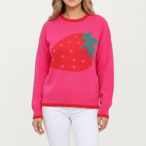 Anna-Kaci Women's Strawberry Graphic Knit Sweater with Cute Fruit Design Ribbed Crew Neckline and Relaxed Long Sleeve Fit - 1 of 4