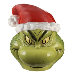 Grinch Character Head With Santa Hat Sculpted Ceramic Cookie Jar - 1 of 4