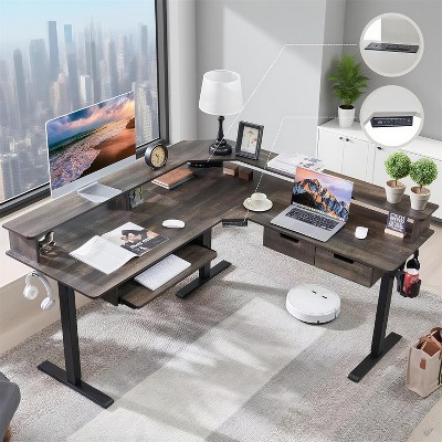 SinCiDo 60" L-Shaped Electric Standing Desk, Height Adjustable Corner Gaming Desk w/ Power Outlets, LED Lighting & 2 Drawers