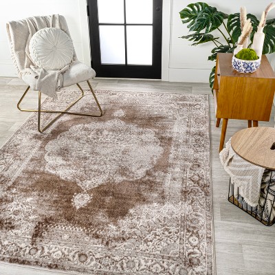 Ivory and Brown Medallion Synthetic 8' x 10' Area Rug