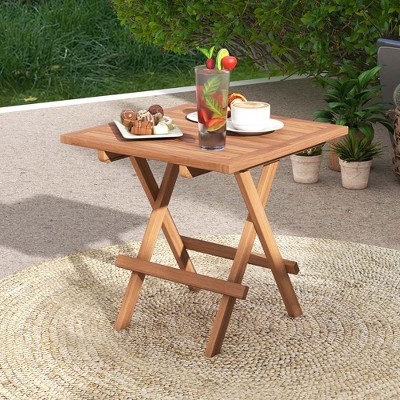 Teak Wood Folding Patio Side Table with Slatted Top