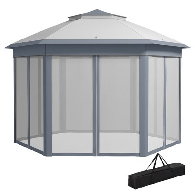 Gray Steel Hexagonal Pop-Up Gazebo with Mesh Netting