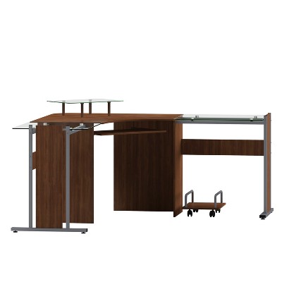 Maple and Glass Corner Desk with Keyboard Tray and CPU Cart