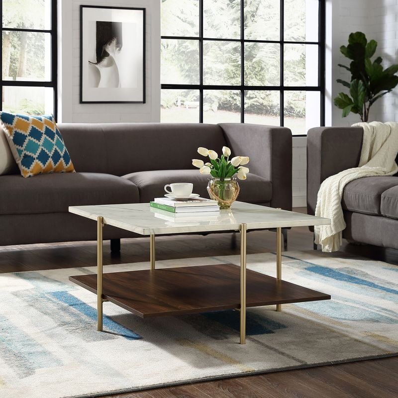 Mid Century Modern Glam Square Coffee Table Faux White Marble/Dark Walnut - Saracina Home, 3 of 8