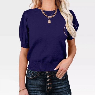 Women's Casual Crew Neck Short Sleeve Sweater Tops for Spring and Summer 2025,Navy Blue - XL