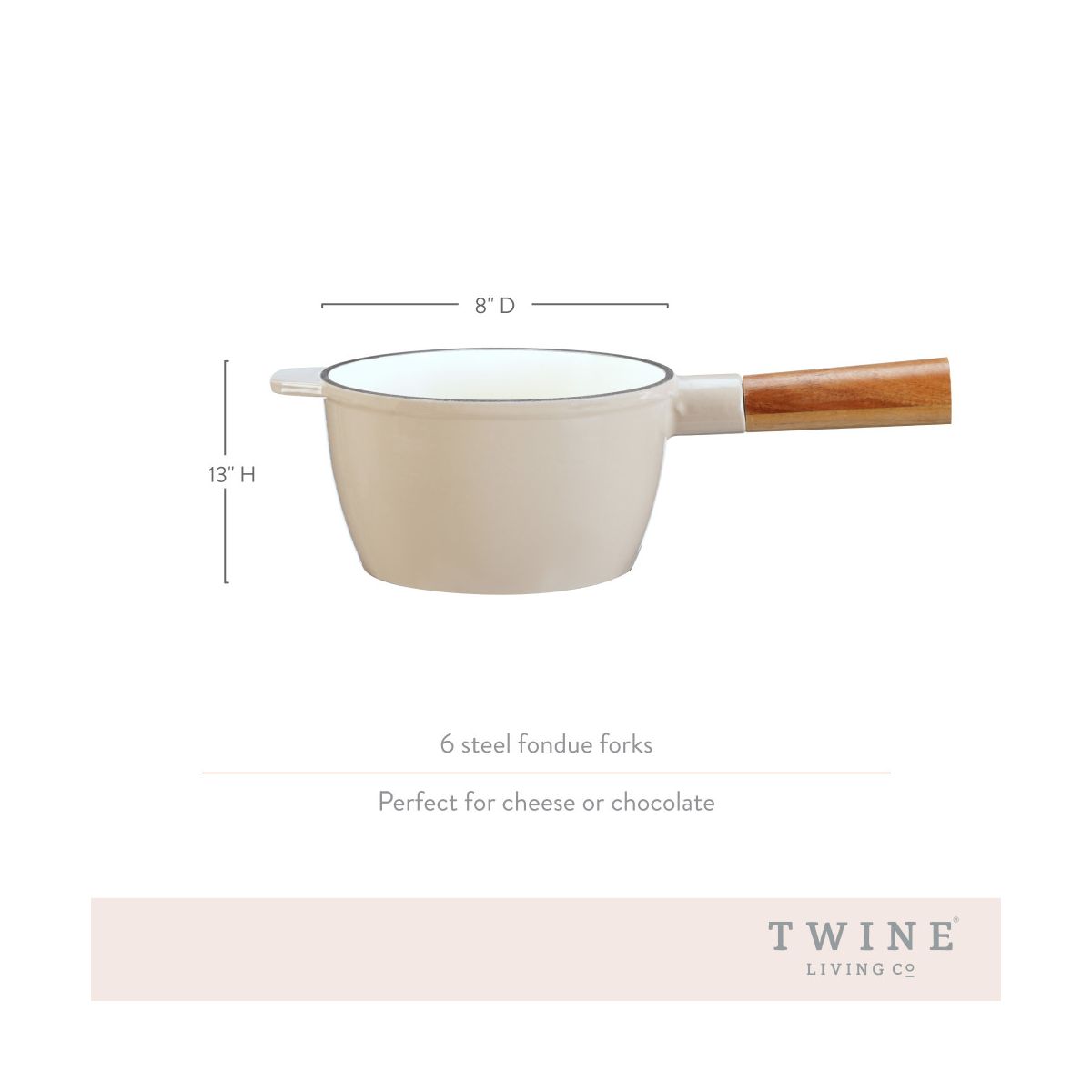 Twine Cast Iron Fondue Set with Wood Stand and Forks, Chocolate Melting Pot, Cheese Fondue Kit Set, Housewarming Gifts, Wedding Gifts, 8.5", Beige - thumbnail 3
