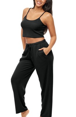 Adr Women's Ribbed Knit Pajamas Set Set With Pockets, Drop