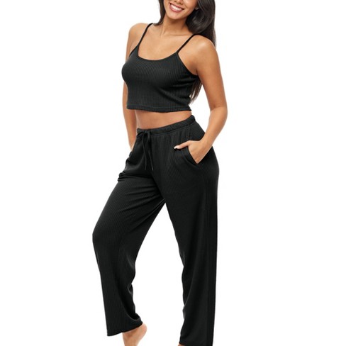 Women's Soft Ribbed Waffle Rib Knit Pajamas Lounge Set, Spaghetti Strap  Cami Crop Top, Pajama Pants With Pockets : Target