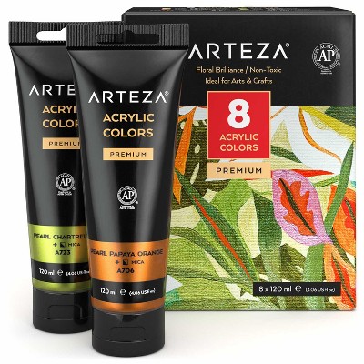 Arteza Acrylic Artist Paint Set, Metallic, 120ml Tubes, Floral Brilliance, Non-Toxic - 8 Pack (ARTZ-3515)