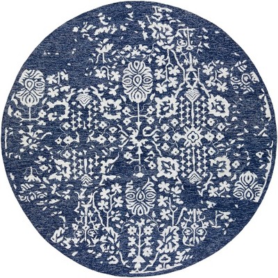 Mark & Day Cesena 8' Round Tufted Indoor Area Rugs Dark Blue: Wool, Stain-Resistant, Handmade, Traditional, Botanical Pattern