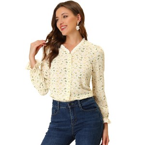 INSPIRE CHIC Women's Lace Trim V Neck Long Sleeve Blouse - 1 of 4