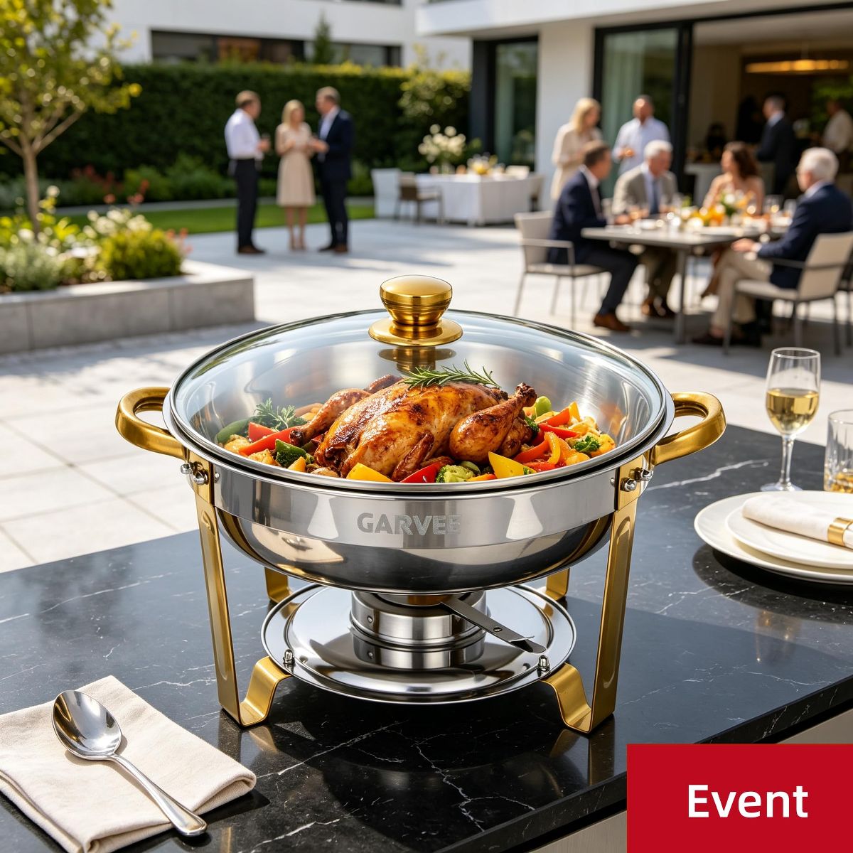 Round Gold Chafing Dish Buffet Set, 5QT Stainless Steel Food Warmer, Commercial Chafing Dish Buffet Warmer 5QT Round Stainless Steel Gold - thumbnail 5