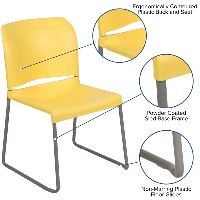 Flash Furniture HERCULES Series 880 lb. Capacity Yellow Full Back Contoured Stack Chair with Gray Powder Coated Sled Base, 6 of 14