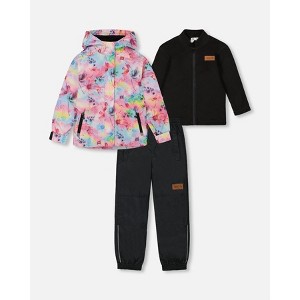 Deux par Deux Girl 3-In-1 Mid-Season Outerwear Set with Printed Jacket Black and Multicolored Flowers - 1 of 4