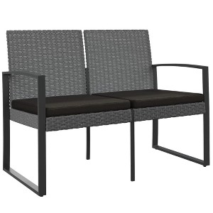 vidaXL 2-Seater Patio Bench with Cushion, Dark Gray PP Rattan - 1 of 4