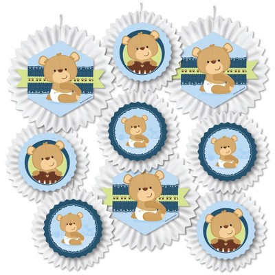 Big Dot of Happiness Baby Boy Teddy Bear - Hanging Baby Shower Tissue Decoration Kit - Paper Fans - Set of 9