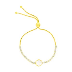 Simona Sterling Silver, Hexagon MOP Center, CZ Adjustable Bolo Bracelet - Gold Plated - Gold - 1 of 2