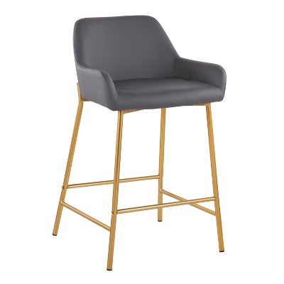 Set of 2 Gold Metal and Gray Faux Leather Counter Stools
