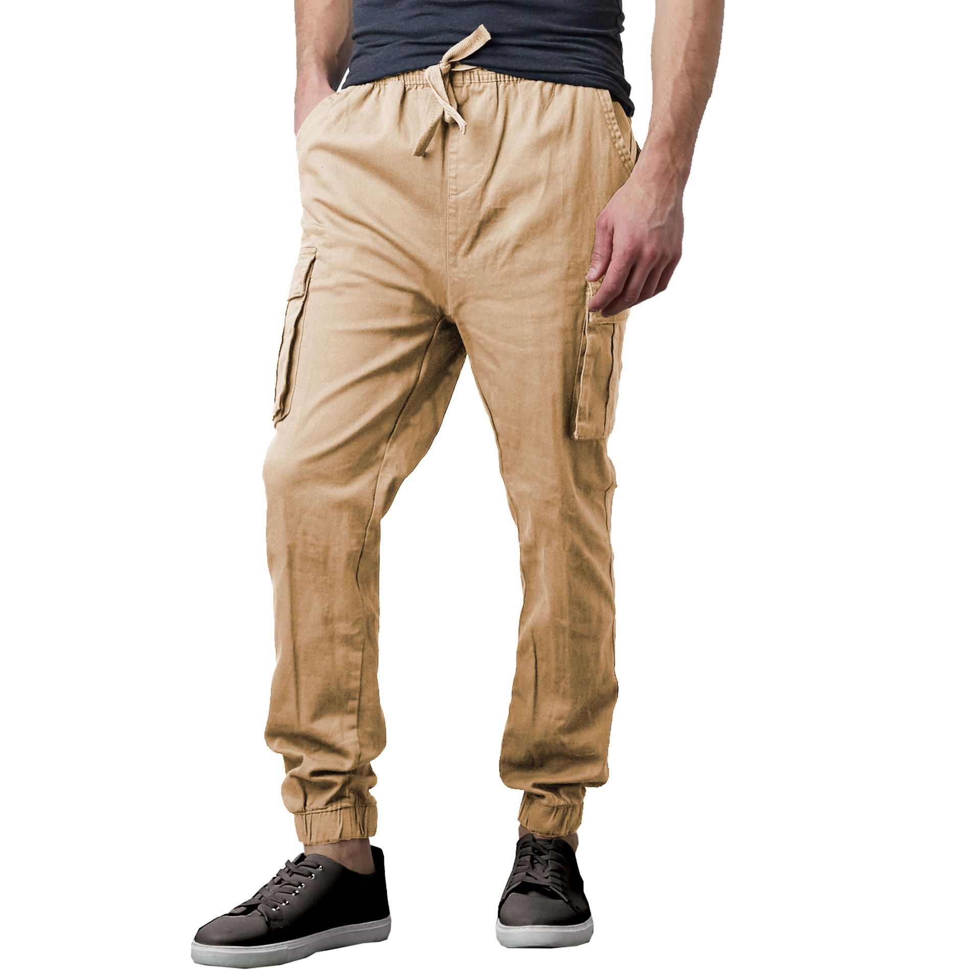 Jump Start Men's Slim Fit  Cotton Flex Stretch Cargo Jogger Pants-Khaki-S