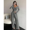 Women's V-Neck Button-Down Long Sleeve Top & Wide-Leg Pants Set, Casual Loungewear Outfit Gray S - 2 of 4