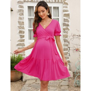 Coolmee Women's Maternity Dress Puff Short Sleeves V Neck Dresses Casual High Waist A Line Solid Color Midi Dress with Belt - 1 of 4