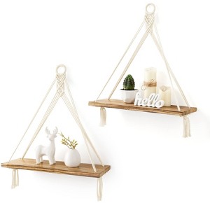 Aoibox Set of 2 Rustic Wood Floating Shelves with Cotton Rope for Wall Decor, Plant Display, and Storage in Bedroom, Bathroom, or Living Room - 1 of 4