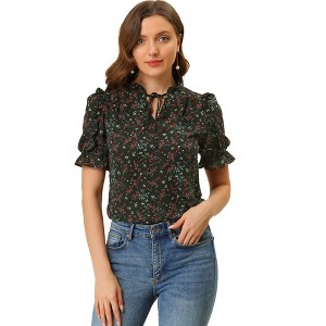 INSPIRE CHIC Women's Ruffle Tie Neck Short Sleeve Floral Blouse Top - 1 of 4