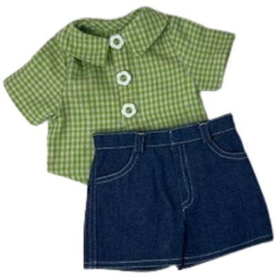 Doll Clothes Superstore Casual Short Denim Jeans with Green Check Shirt for 18 Inch Girl Dolls