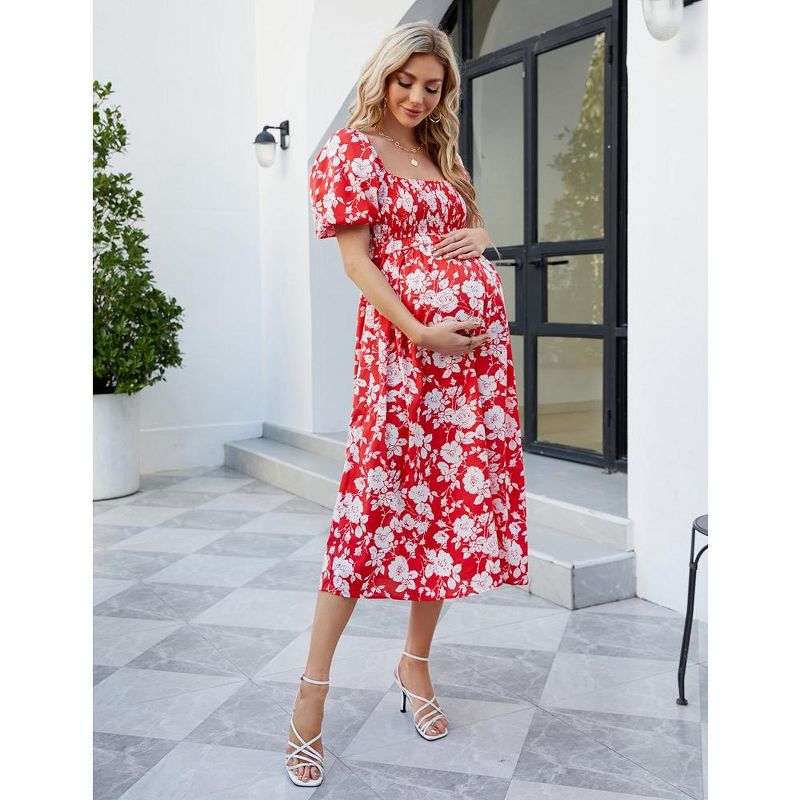 WhizMax Women's Maternity Dress Summer Floral Print Square Neck Puff Sleeve Maxi Dress Casual Ruffle A Line Dress for Babyshower, 4 of 8