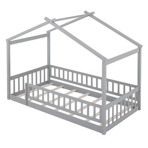 TopComfy Beds Twin Size Wood House Bed Frame With Fence Finish Durable Build Kid Friendly Shape for Boys and Girls, Gray, 79.13"*16.61"*5.51" - 1 of 4