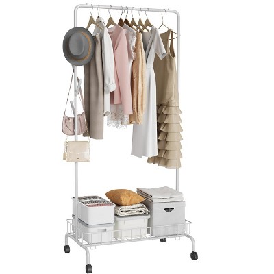 Clothing Rack, Clothing Rack with Sturdy Metal Frame, Hanging Rack with Bottom Mesh Storage Shelf, Rolling Garment Rack
